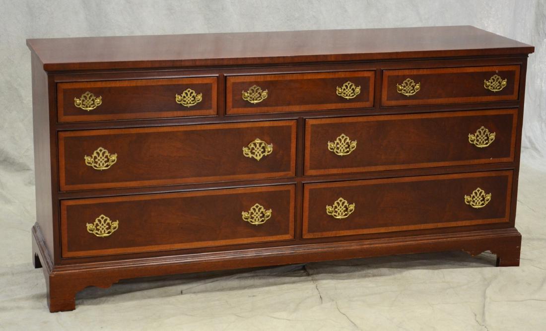 Hickory Furniture Co dresser: Hickory Furniture Co American Masterpiece Collection mahogany dresser, mahogany with banded drawers, brass hardware, wear to finish, scratches, 32"h x 66"w x 19 1/4"d
