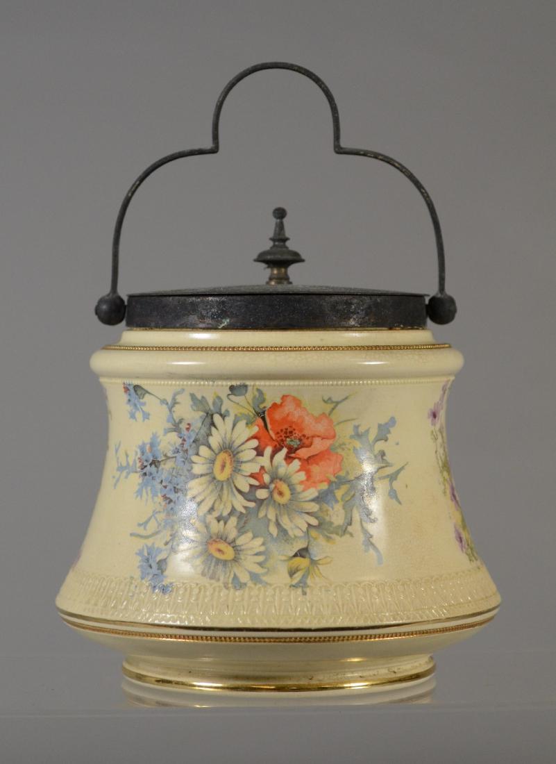 English earthenware cracker jar with silverplate (1 of 6)