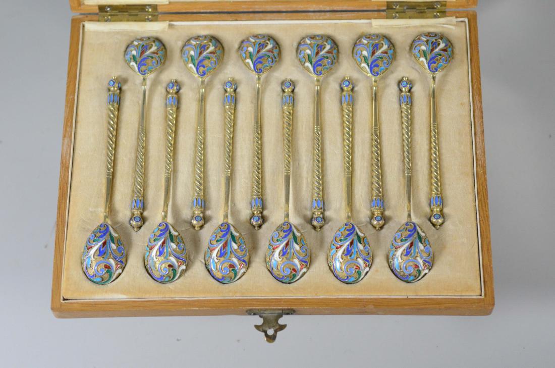 Cased set 12 Russian gilt  silver demitasse spoons (1 of 5)