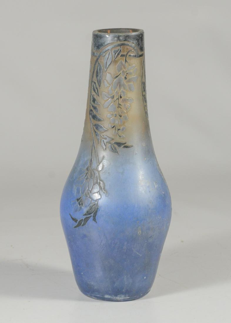 Thouvenin acid cut art glass vase, blue vine design: Thouvenin acid cut art glass vase, blue vine design, 8-3/8" h, old floral residue on the inside, no chips or cracks