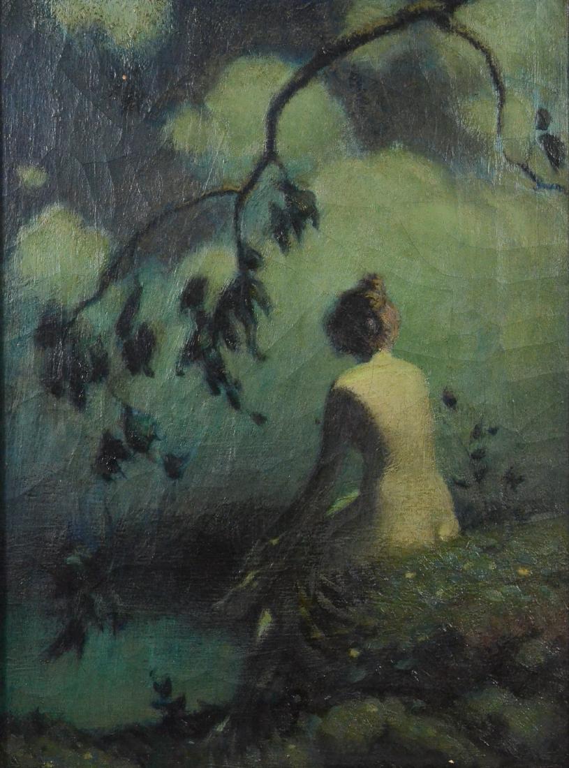 Irving Ward, painting of a female nude: Irving Ward (American 1867-1924), painting of a female nude, oil on canvas, no visible signature but attributed to Irving Ward, good condition with age cracking, gilt frame with minor gilt loss, 16" x