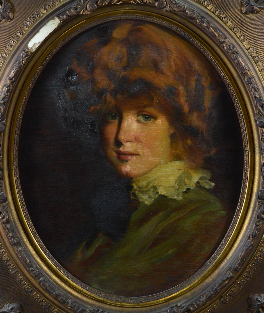 Antique portrait painting of a young girl, unsigned: Antique portrait painting of a young girl, unsigned, late 19th C, oil on wood panel, 17" x 14-1/8", framed 23" x 20", good condition with some gesso losses