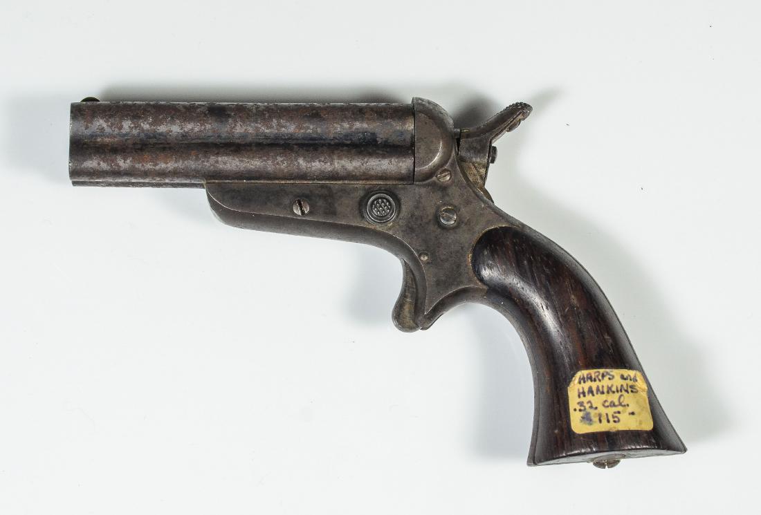Four-Barrel Sharps and Hankins Pepperbox Pistol: Four-Barrel "Sharps and Hankins" Pepperbox Pistol; these compact breech-loading derringers were also referred to as "muff pistols", as they were easily concealable and most commonly used by women for 