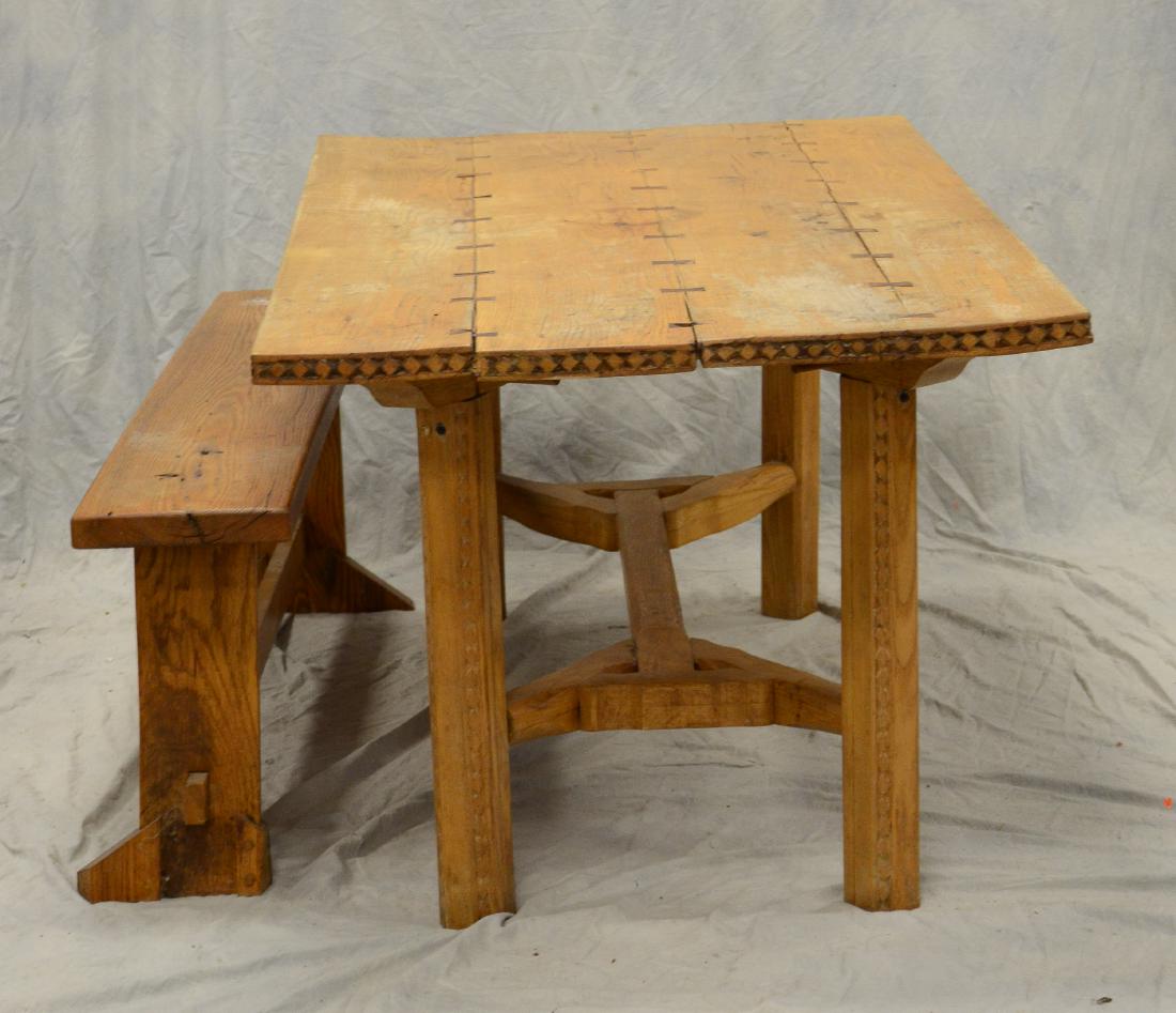 Bench made Arts & Crafts DR table w/ bench, carved d (1 of 3)