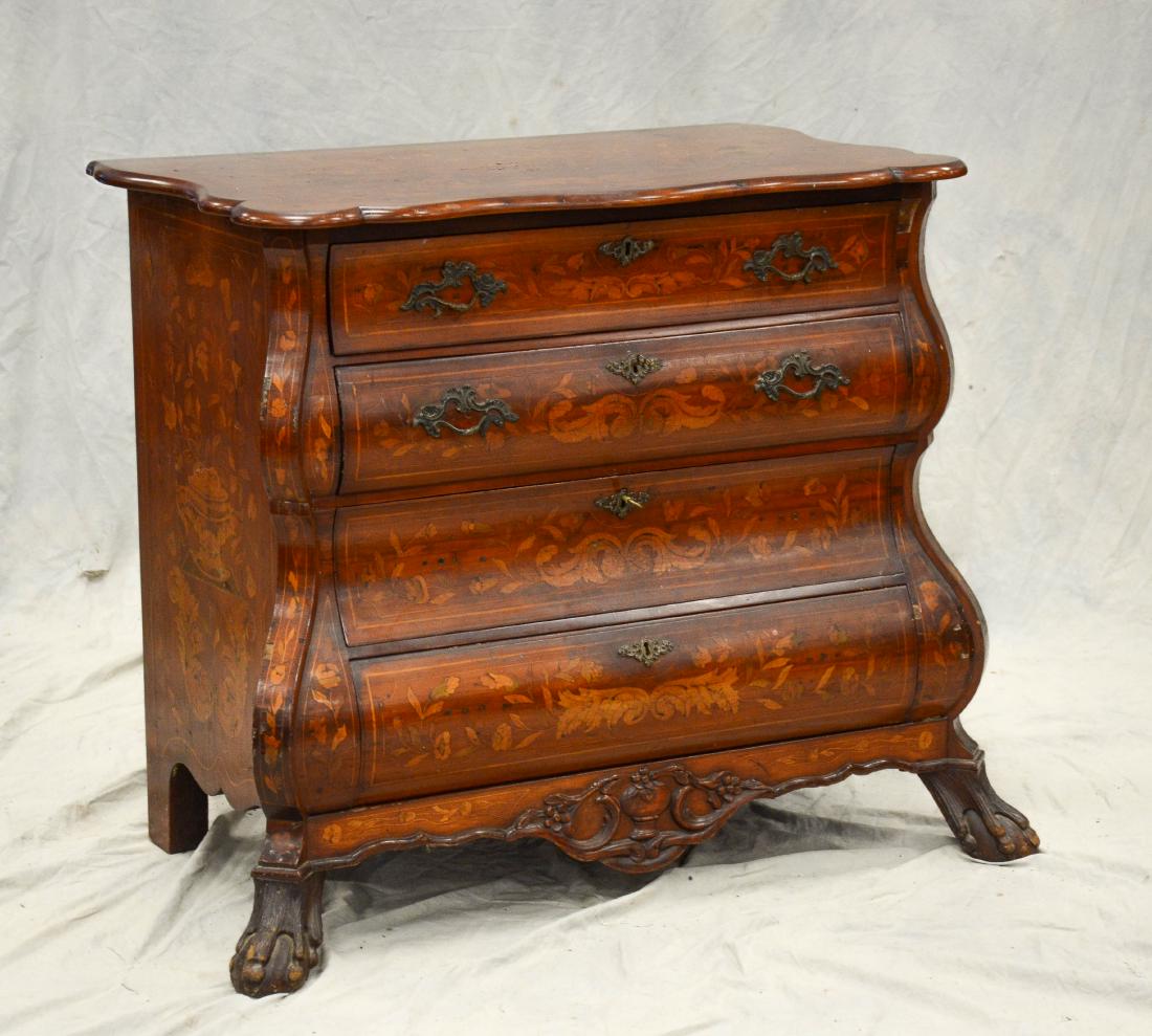 Continental floral marquetry inlaid 4 drawer bombe b: Continental floral marquetry inlaid 4 drawer bombe bureau, extended ball and claw feet flanking a rococo shaped apron, lacking brasses on bottom 2 drawers, scalloped top, 19th c, light wear and scratc