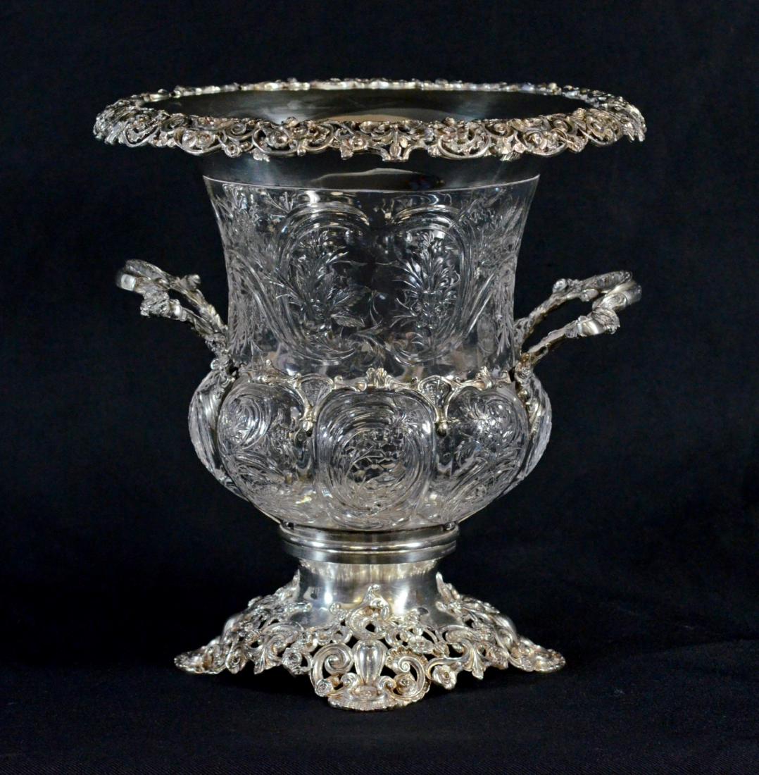 Stevens & Williams sterling mounted intaglio glass wine: Stevens and Williams sterling mounted intaglio wine cooler, reticulated base and rim, silver London touchmarks for 1901, maker's mark "WC", glass attributed to Stevens and Williams, measures 11-1/4" h