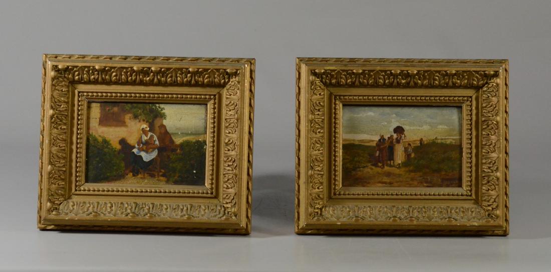 Pair of 19th C Continental paintings over prints (1 of 8)