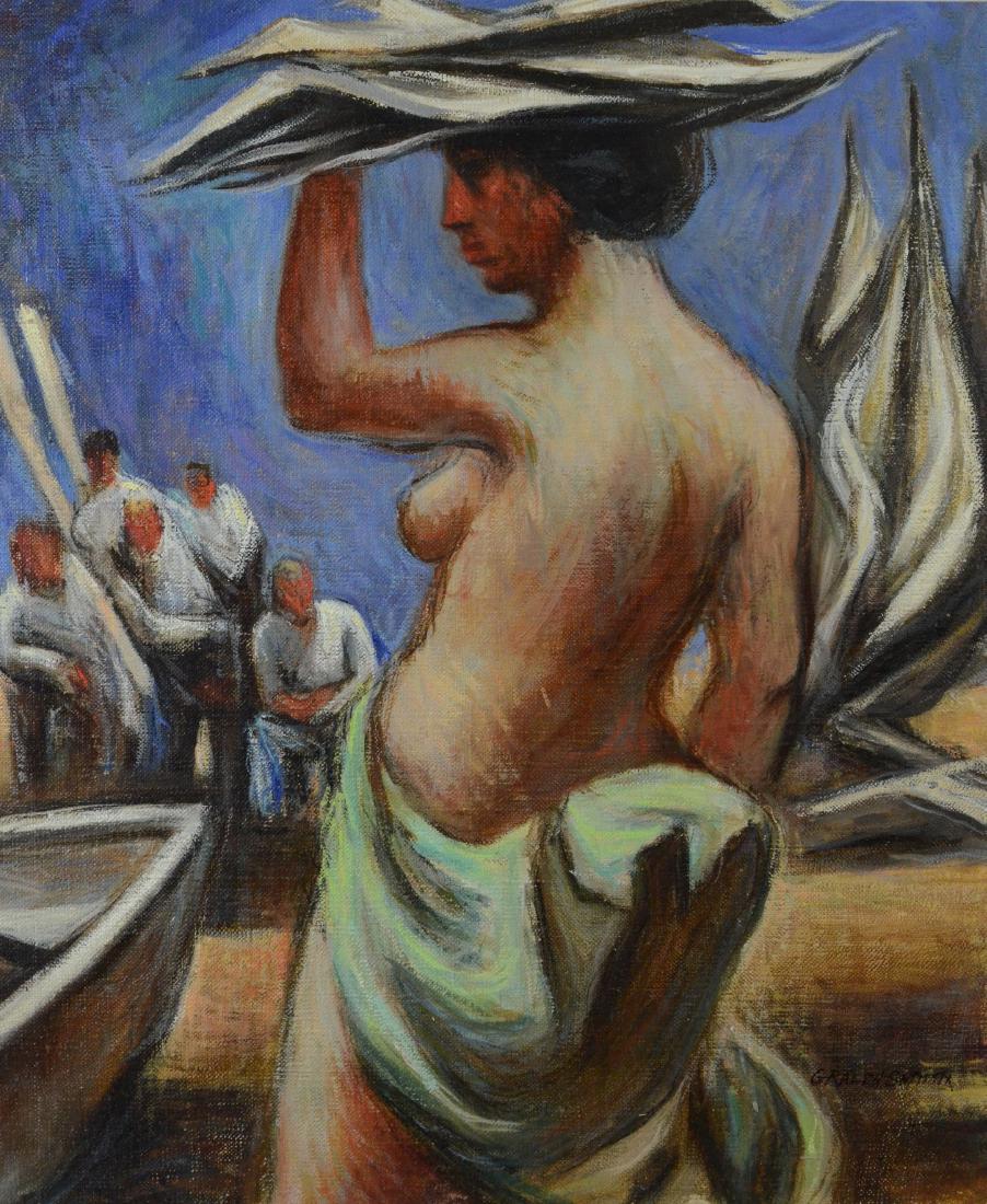 G Ralph Smith, painting of female nude: G Ralph Smith (American PA, 1907-2007), painting of female nude, oil on canvas, signed lower right, 13-1/2" x 11-3/8" sight, framed 18-5/8" x 16-5/8", very good condition