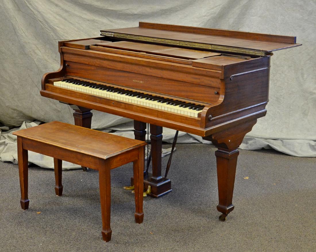 Schroeder Mahogany Baby Grand Piano, 62" long case,: Schroeder Mahogany Baby Grand Piano, 62" long case, 55" w, 39" h, light wear