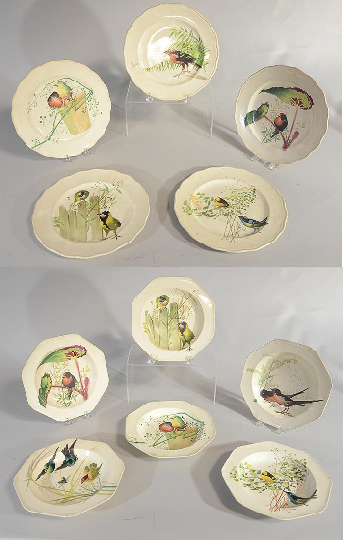 Brown-Westhead, Moore & Co HP bird soup bowls, with: (6) Brown-Westhead, Moore & Co HP bird soup bowls, 8 7/8" d, with 5 matching 10 1/2" plates. with impressed English Registry mark, and makers mark, stamped "Copyright Depose", inscribed H 1880, discol