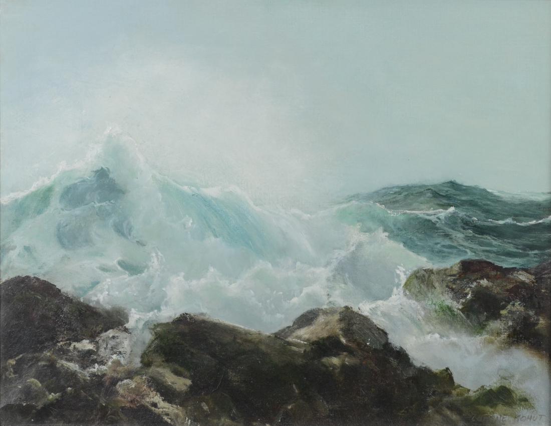 Lorene Kohut (American, b 1929), seascape painting: Lorene Kohut (American, b 1929), seascape painting, "Over the Rocks", oil on canvas, 14" x 18", framed 19" x 23", signed lower right, good condition
