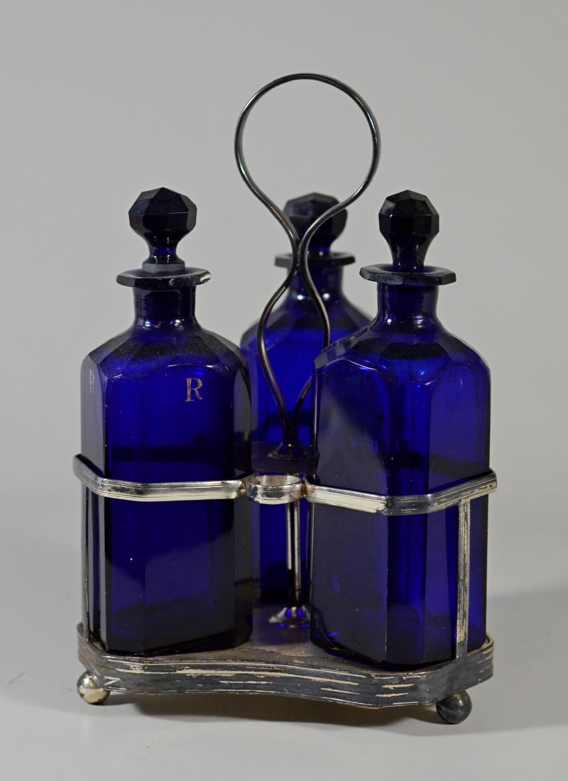 Set of 3 cobalt blue faceted glass decanters in silv (1 of 4)