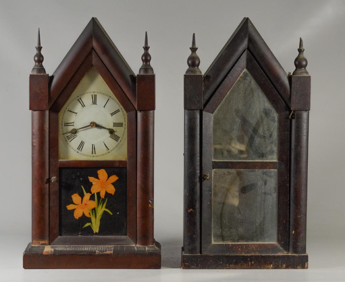 (2) Clocks to include an eight day Ansonia wood cath (1 of 8)