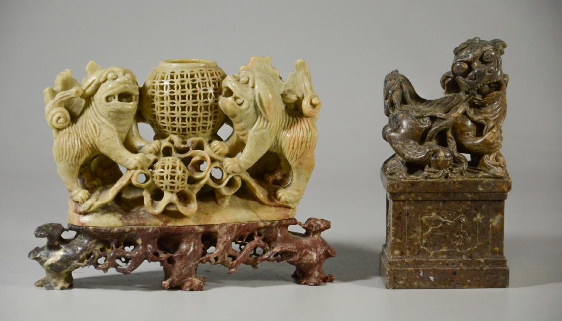 (2) soapstone carvings, double foo dogs on platform, (1 of 5)