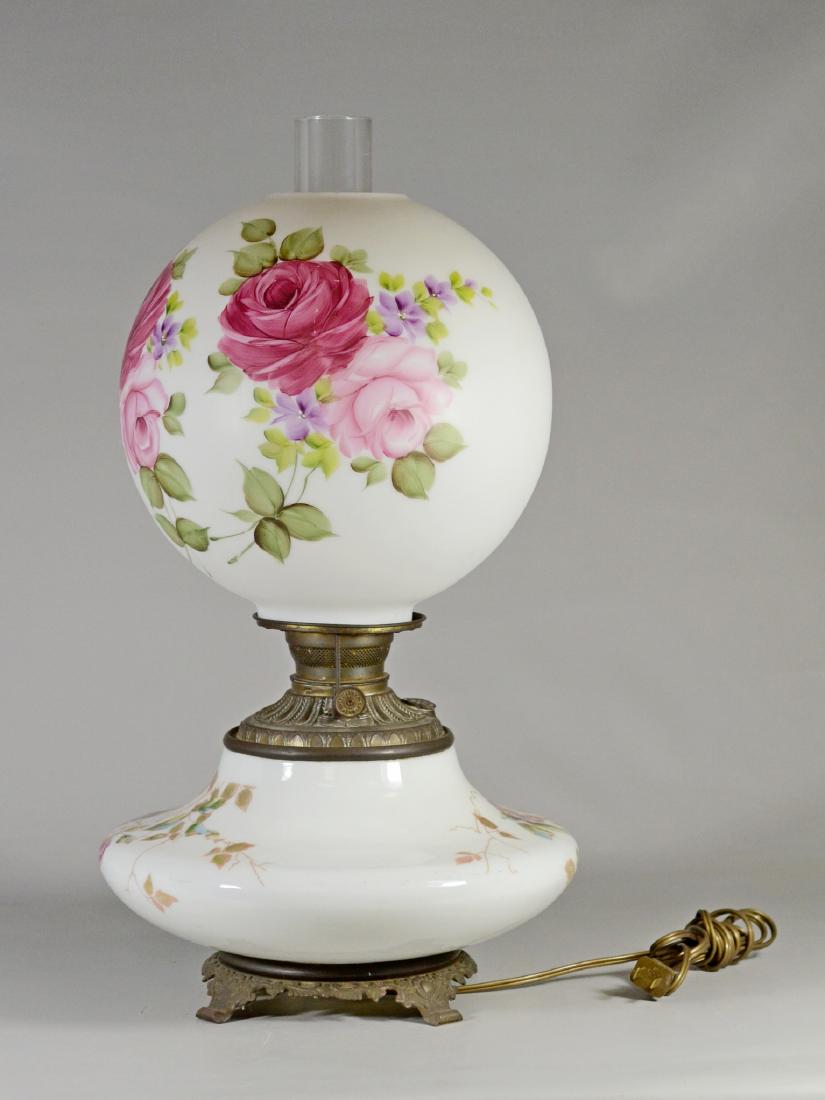 Gone With the Wind hand painted floral decorated ele: Gone With the Wind hand painted floral decorated electrified hurricane lamp, 22" h, including chimney, cracks in shade