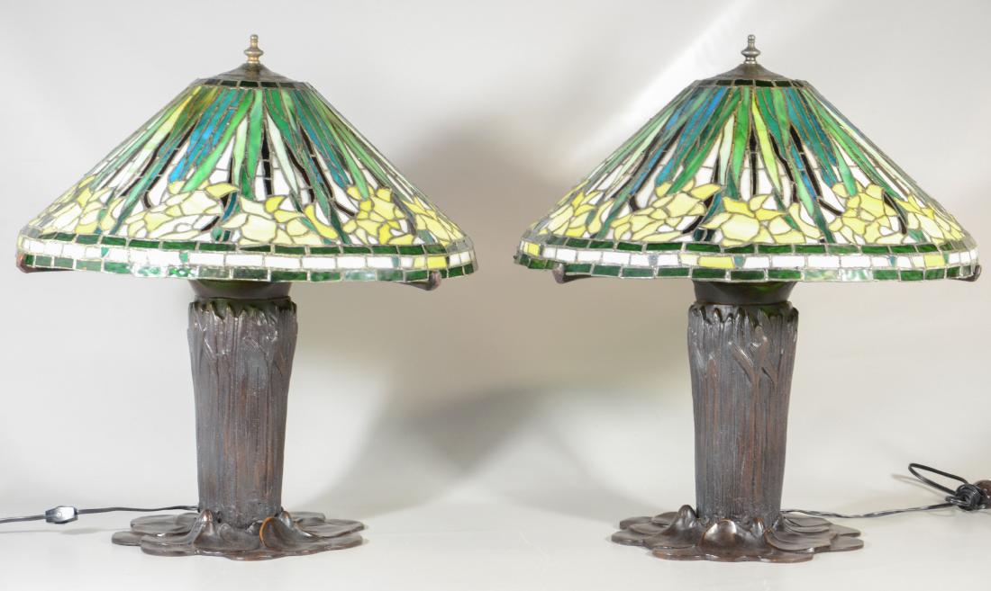 (2) Handel style leaded glass and bronze table lamps (1 of 4)