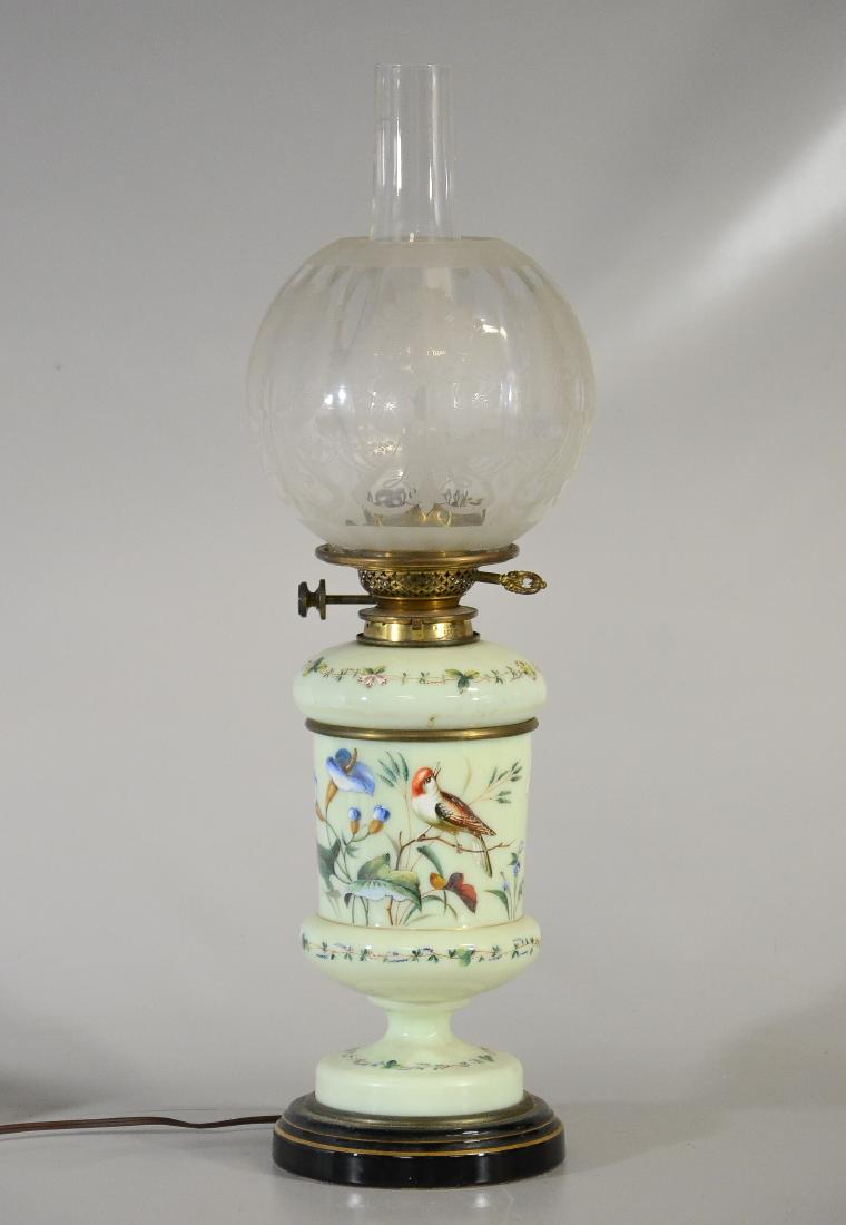 Victorian enameled glass converted oil lamp, decorat (1 of 5)