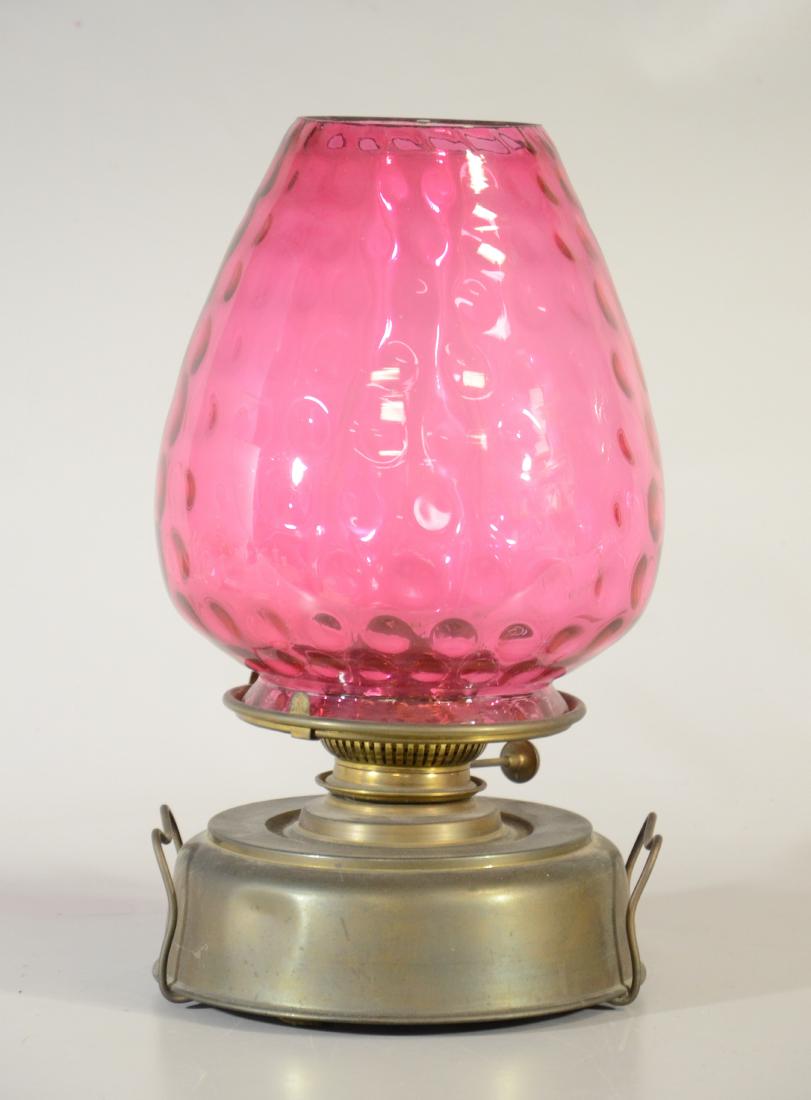 Converted oil lamp with cranberry coin dot shade, 15 (1 of 2)