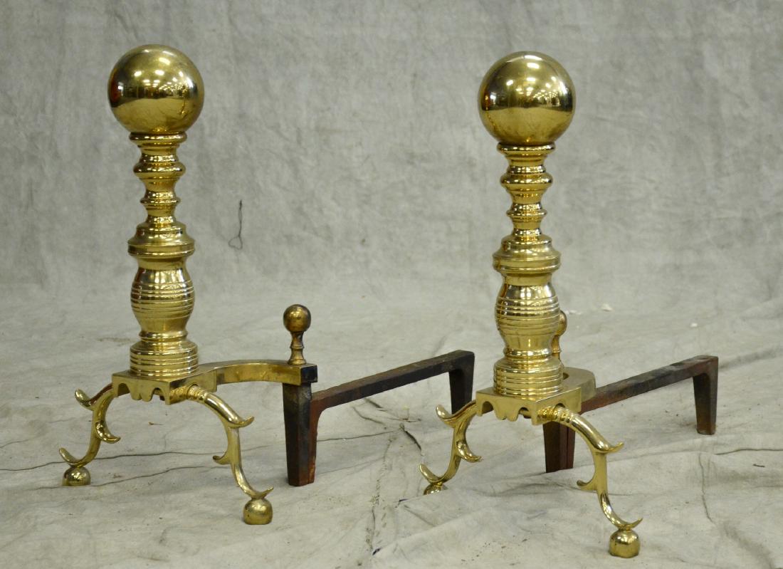 Pair brass ball top andirons w/ spurred legs (1 of 1)