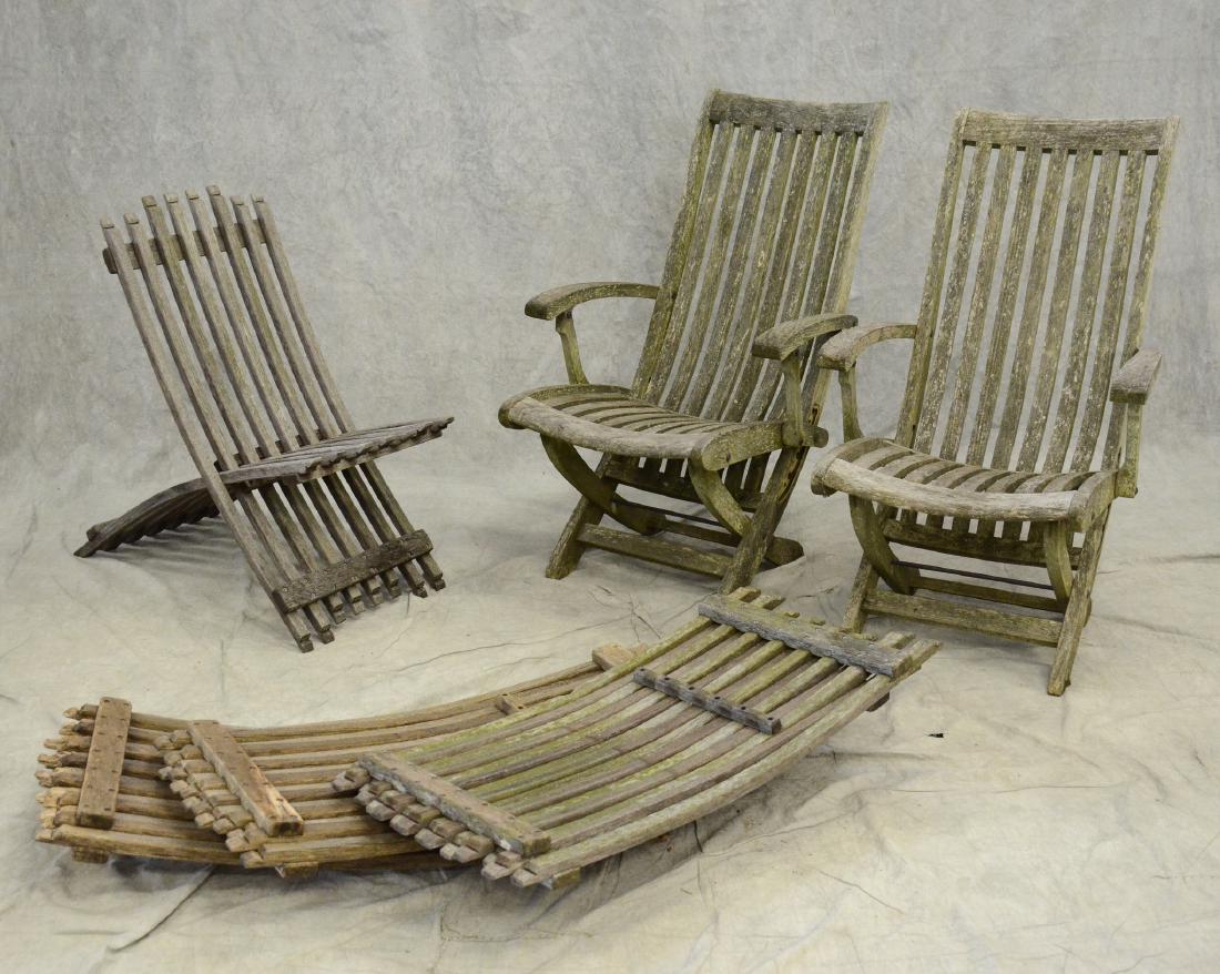 (6) patio lounge chairs, includes 4 Whit McLeod: (6) patio lounge chairs, includes 4 Whit McLeod oak wine barrel folding chairs, 2 Smith & Hawken teak reclining chairs with brass locking mechanisms, lounge chairs 38 1/4"h x 23 1/4"w x 26"d, needs re