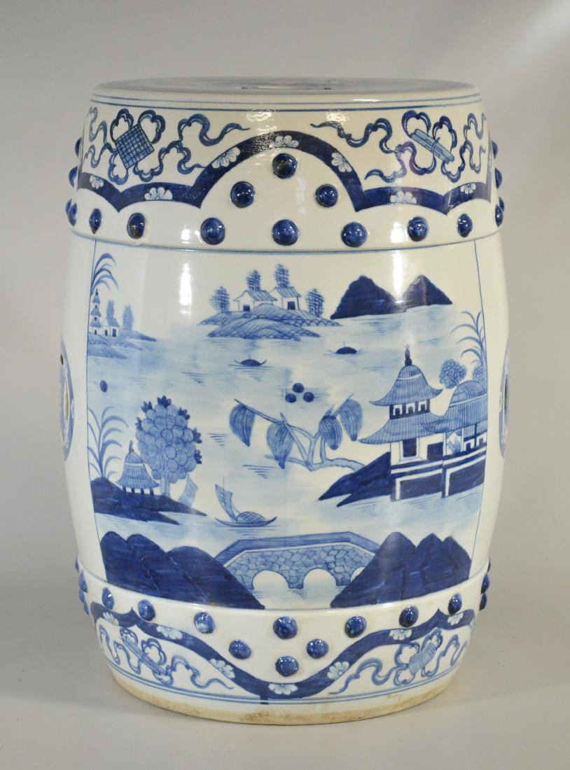 Chinese blue & white Canton 20th C garden seat: Chinese blue & white Canton pattern 20th C garden seat, 18-1/2" h
