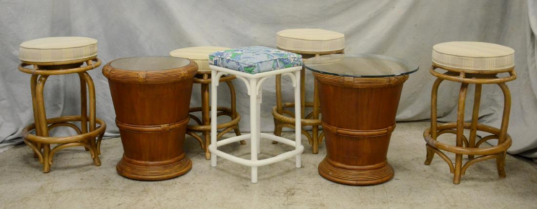 2 Glass top end tables & 5 rattan stools (1 of 1)