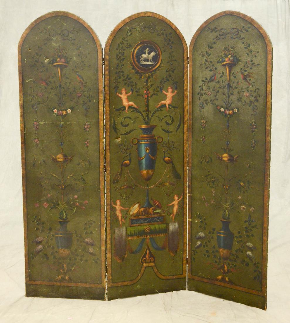 3 panel painted leather screen, floral urn and cherub (1 of 6)