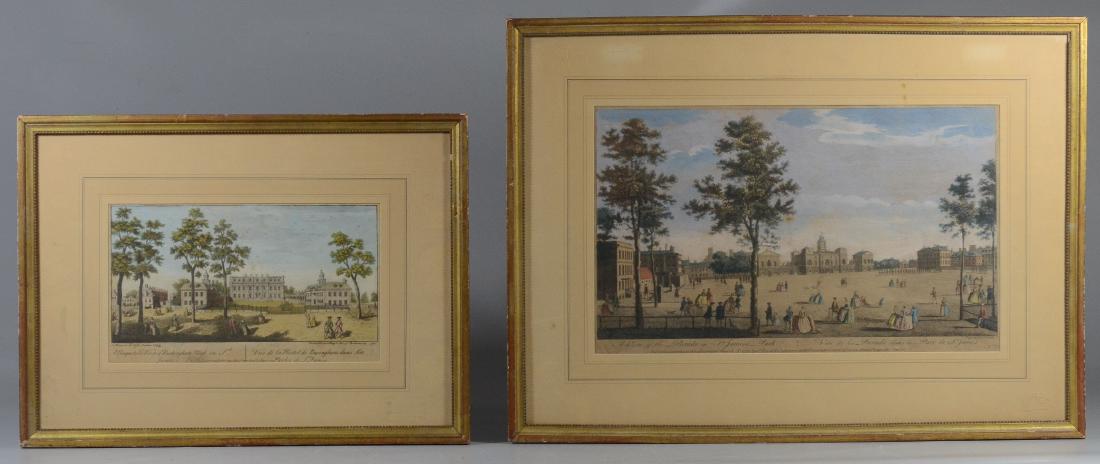 Pr hand-colored English etchings: Pr hand-colored English etchings: John Boydell (British, 1719-1804), "A View of the Parade in St James Park", measures 9-7/8" x 16-1/4" sight, framed size 17" x 23-1/4", and J Maurer, "A Perspective V