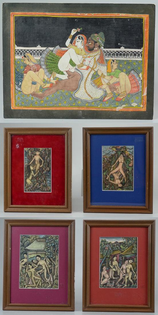 Lot of 5 Asian and Balinese erotic watercolors: Lot of 5 Asian and Balinese erotic paintings, watercolor and ink on paper, largest 9-3/4" x 7" sheet, good condition, some damage to one Asian painting at edges