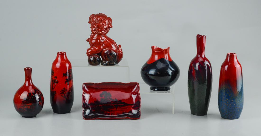 7 Pcs Royal Doulton flambe pottery:  5 vases, foo dog (1 of 6)