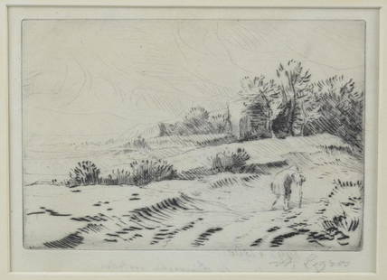 Alphonse Legros, etching of landscape with figure: Alphonse Legros (French, 1837-1911), etching of landscape with figure, pencil signed "A Legros", 4" x 5-7/8" plate, framed 10-1/2" x 12-1/4", good condition, some faint impressions in margins, frame m