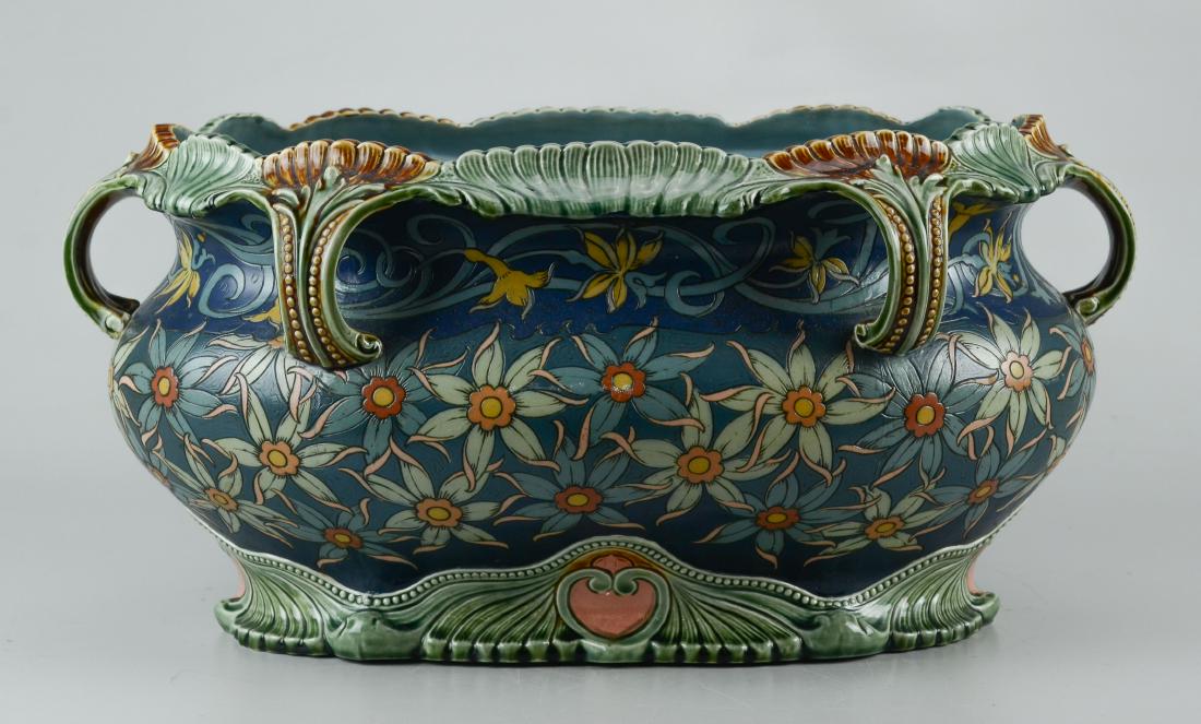 Large Mettlach planter, open handles, flowers (1 of 3)