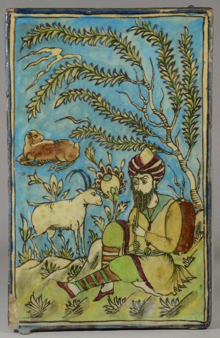 Persian tile of musican with goat and lamb: Persian tile of musican with goat and lamb, 15" x 9-1/2" w