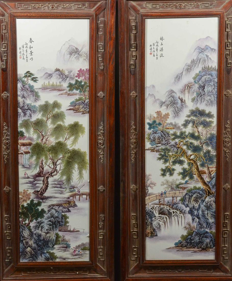 Pr Chinese porcelain tiles in carved teakwood frames (1 of 6)