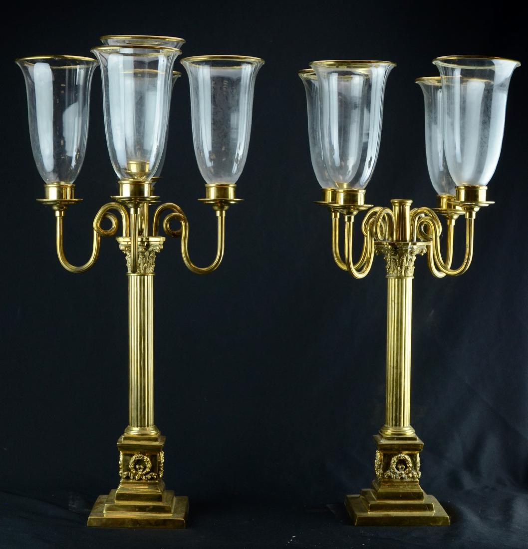 Pr brass 5-arm candelabra with brass trimmed glass (1 of 3)