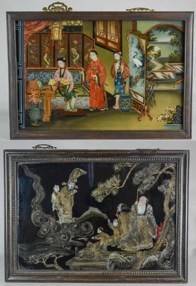 (2) Chinese reverse paintings on glass, carved teak (1 of 5)