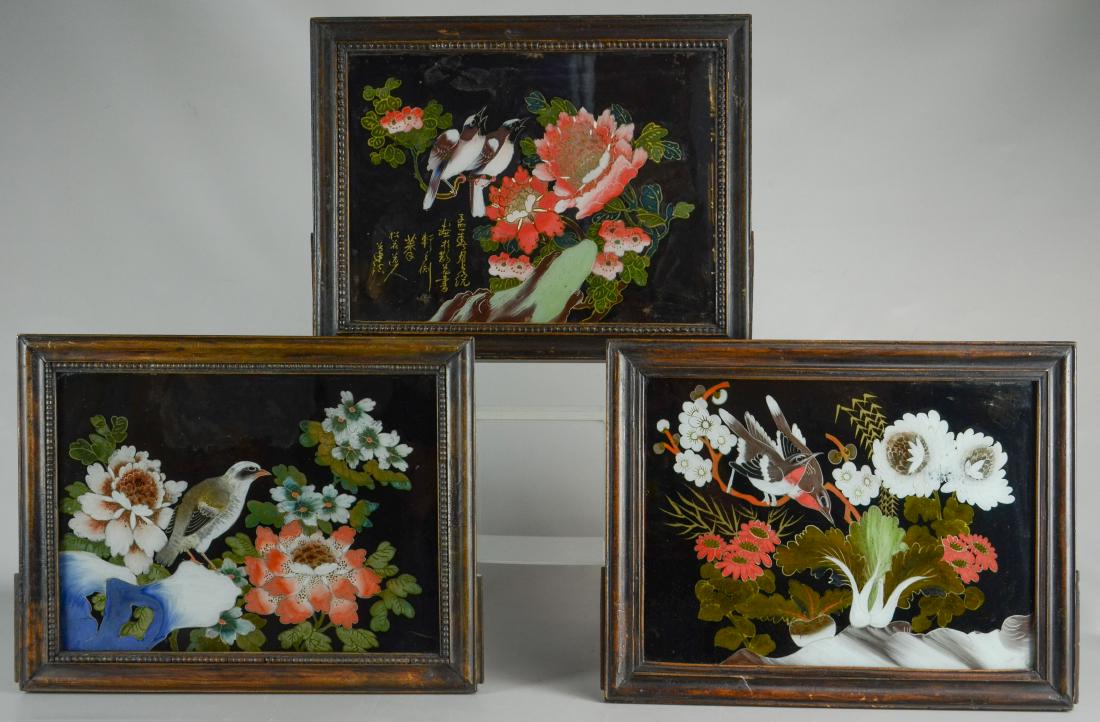 (3) Chinese reverse paintings on glass, carved teak (1 of 5)