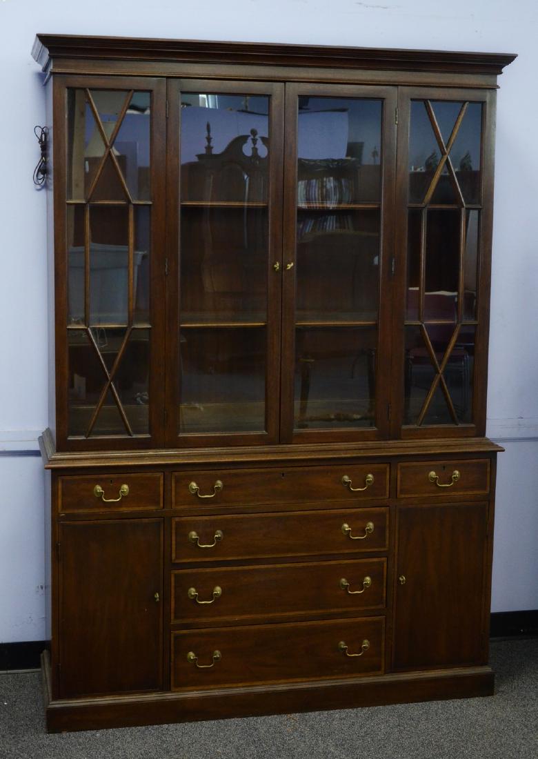 Inlaid mahogany Henkel Harris Virginia Galleries: Inlaid mahogany Henkel Harris Virginia Galleries breakfront, 2 shelves with inset glass, brass hardware, top with two doors, base 3 drawers over 3 drawers and two doors, 78 1/2"h x 55 1/2"w x 17 1/4"d