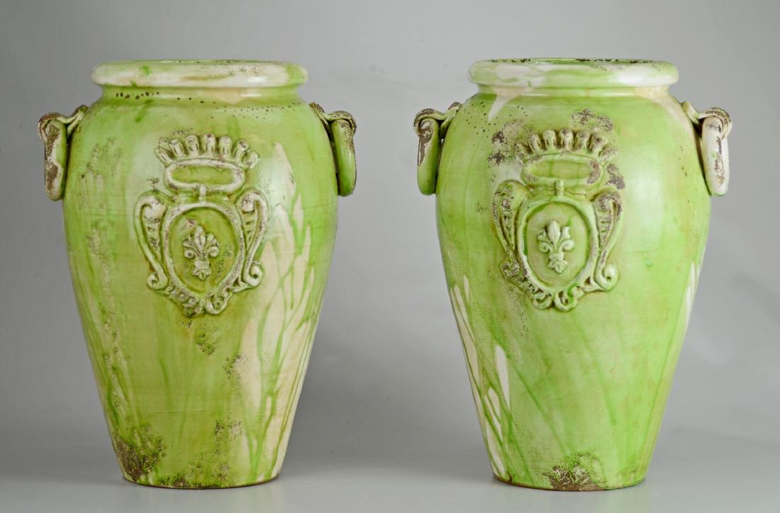 Pr large double handled jars, mottled drip green glaze, (1 of 1)