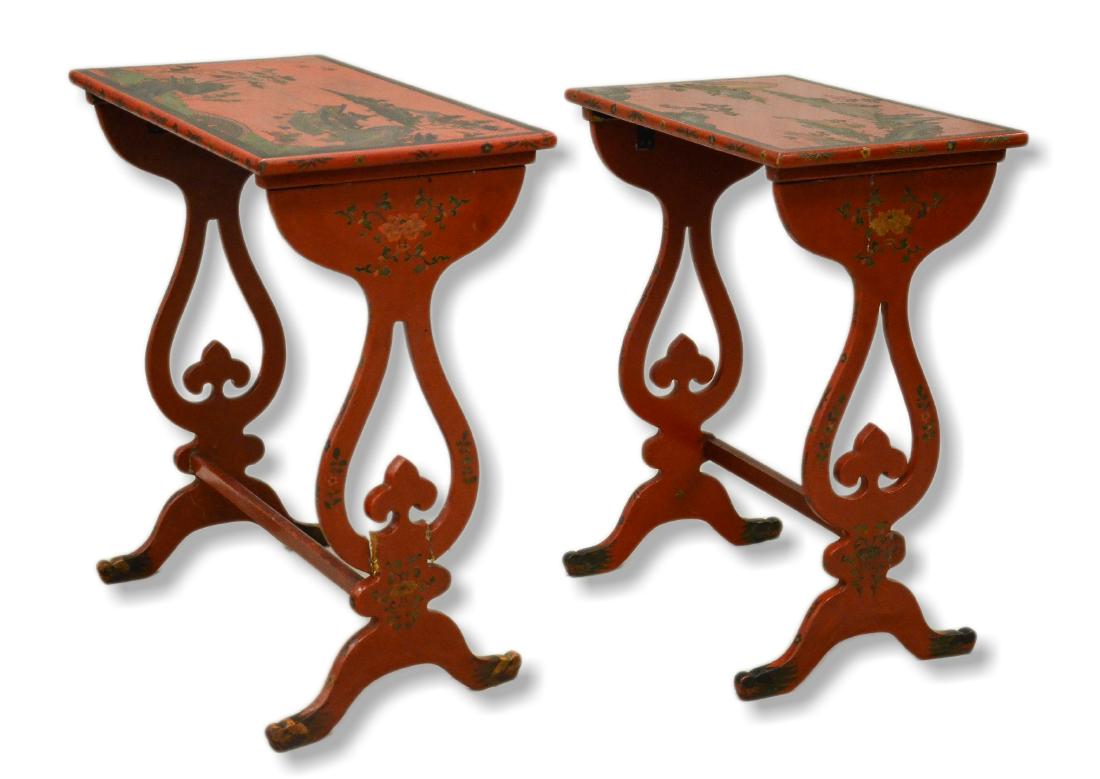 (2) Japanese lacquer nesting tea tables: (2) Japanese lacquer nesting tea tables, scarlet lacquer with landscape scenes, damage to base of one, largest 28-1/2" h x 26-1/2" w x 14" d