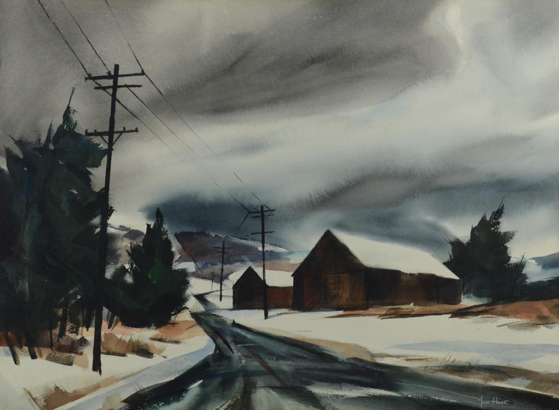 John Cuthbert Hare, winter landscape watercolor: John Cuthbert Hare (American, 1908-1978), winter landscape watercolor painting, probably New England, watercolor on board, signed "Hare", measures 20-1/4" x 28" sight, framed size 28-1/4" x 35-1/2", g