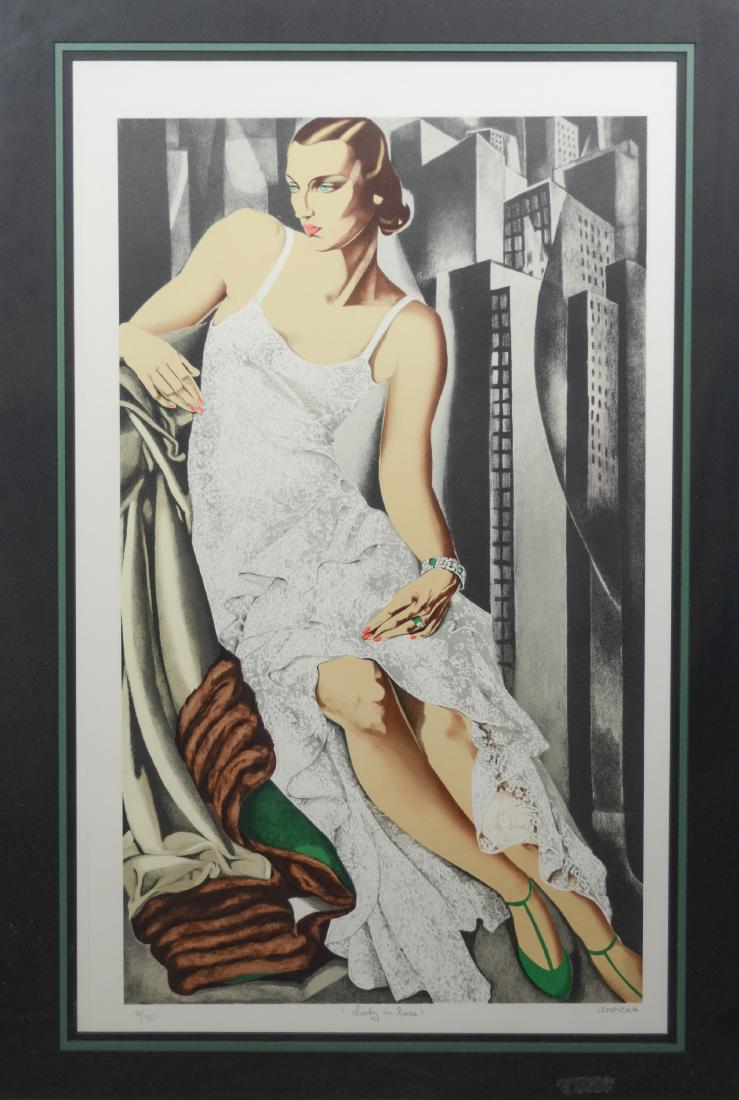 Tamara de Lempicka, lithograph, "Lady in Lace": Tamara de Lempicka (Polish-American, 1898-1980 ) lithograph, "Lady in Lace", pencil signed "Lempicka", ed 44/300, plate size 26" x 15-1/4", framed 38" x 27", very good condition, nicks on frame