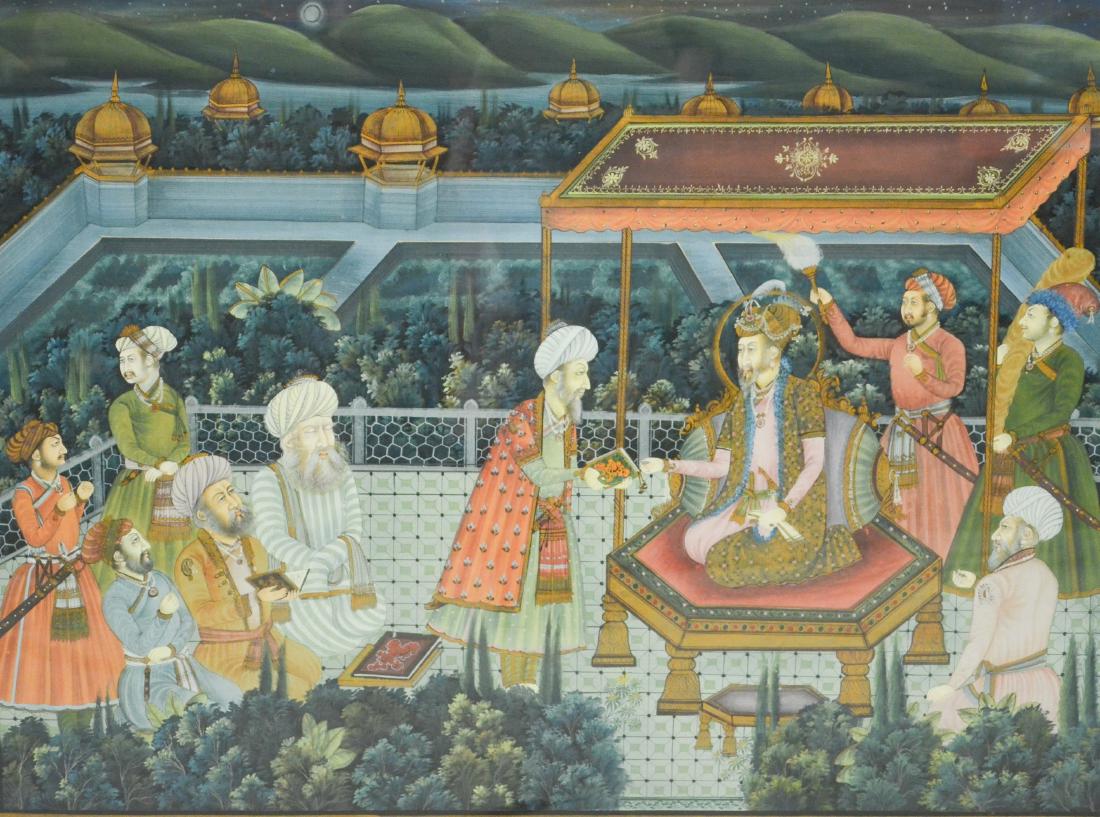 Large Mughal watercolor, Shah on throne (1 of 2)