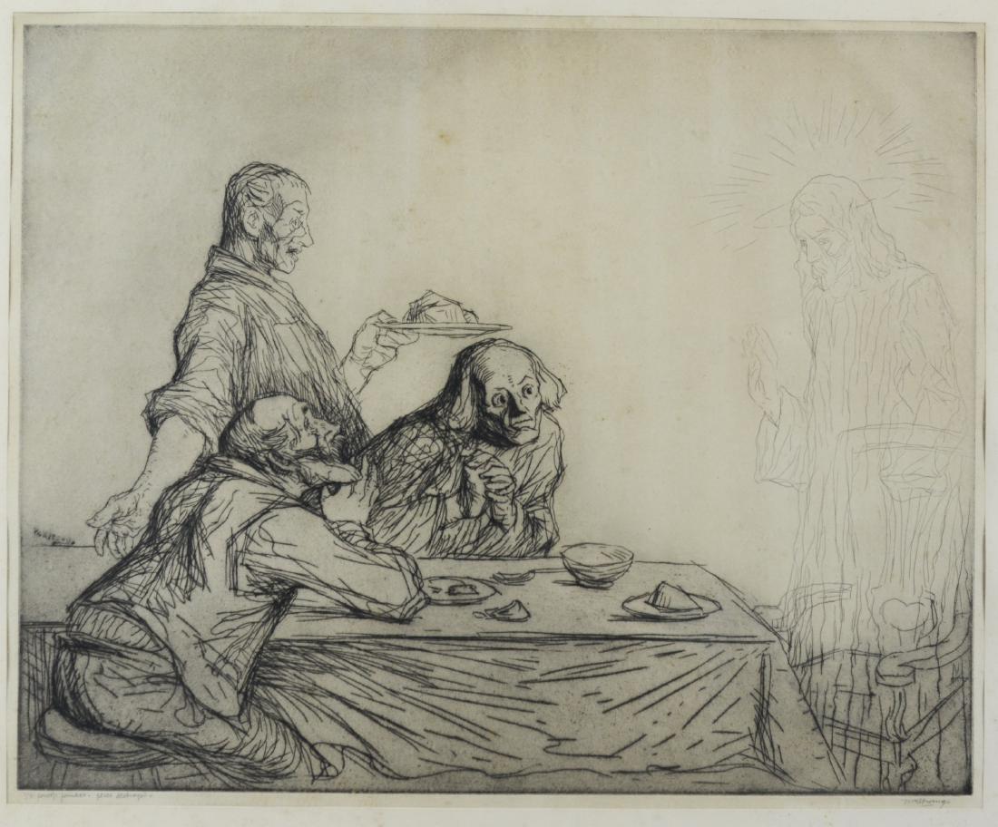 William Strang, Jesus appearing at table: William Strang (Scottish, 1859-1921), Jesus appearing to a table of three men having a meal, drypoint and etching on paper, pencil signed and inscribed "50 Proofs Printed, Plate Destroyed", measures 1