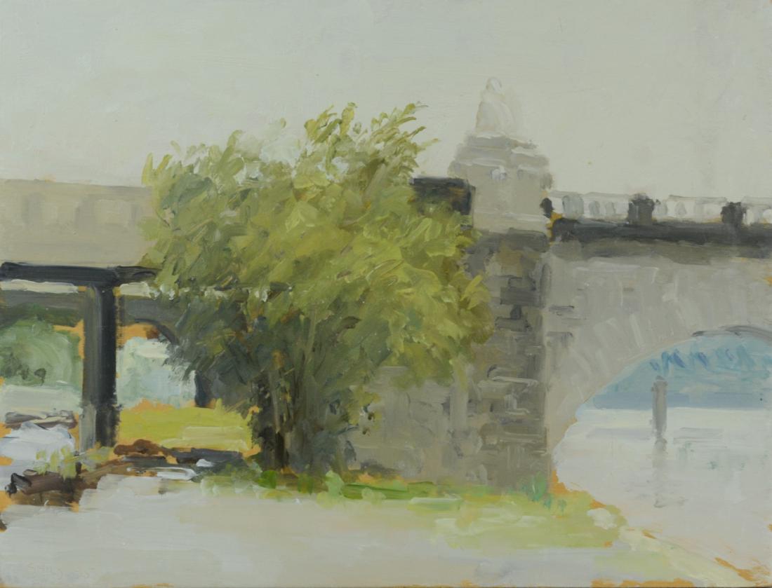 Stuart Shils landscape "Manayunk Bridge": Stuart Shils (Irish-American, b 1954), landscape painting, "Manayunk Bridge", oil on wood panel, signed "Shils '85", unframed, 10" x 13-1/8", very good condition