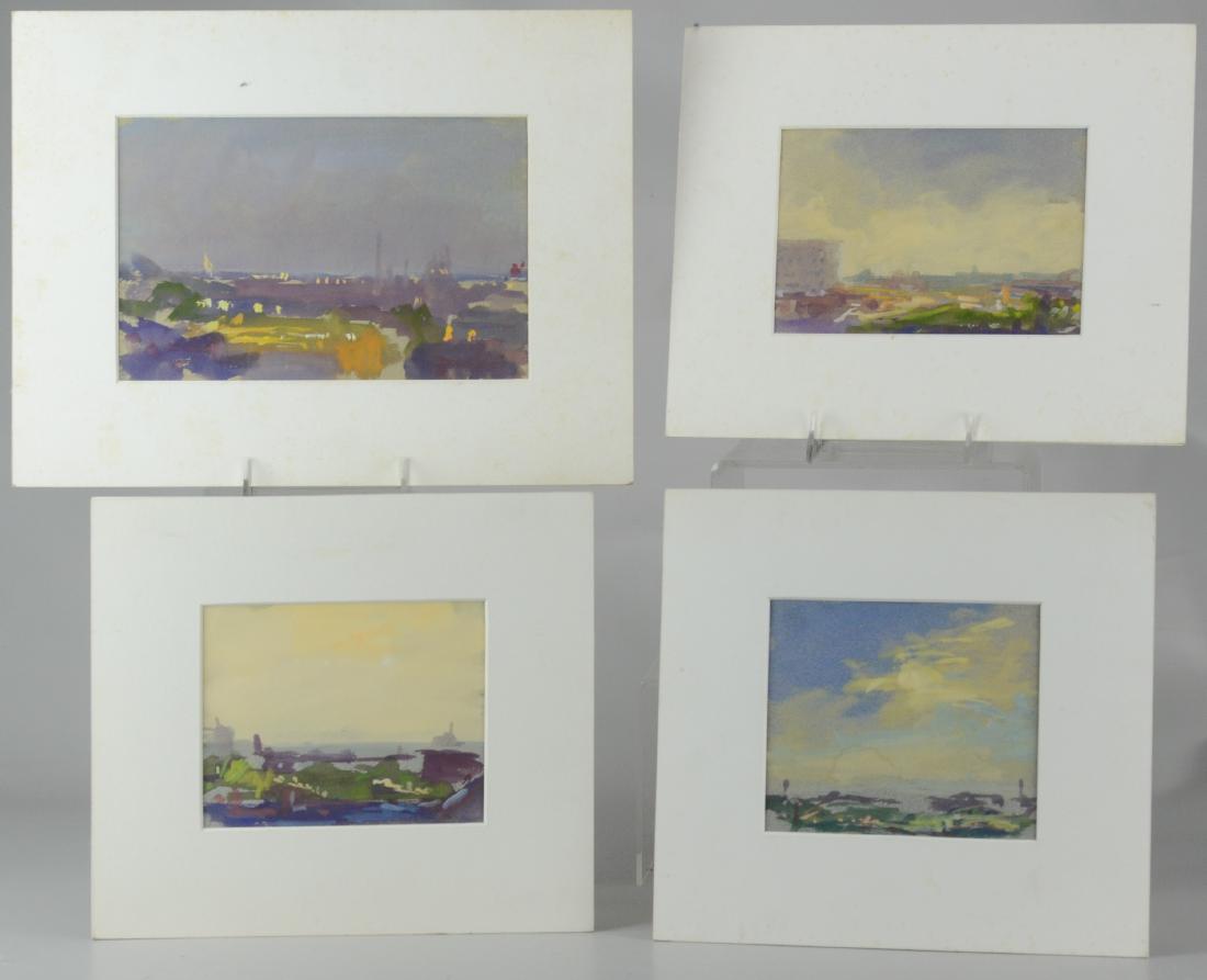 Stuart Shils, 4 watercolor landscapes: Stuart Shils (Irish-American, b 1954), 4 watercolor landscapes: "Late Afternoon Midway West", "Late Afternoon West", "Late Afternoon Hazy", and untitled cityscape, unsigned, acquired from collection o