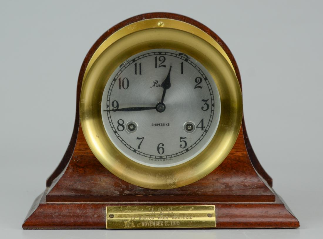 Chelsea brass ships clock on mahogany stand (1 of 4)