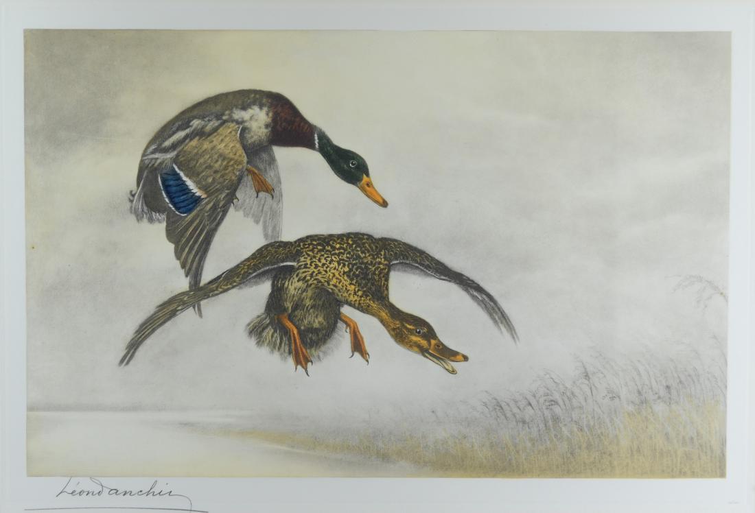 Leon Danchin, etching of two ducks: Leon Danchin (French, 1887-1939), etching of two ducks, color etching on paper, pencil signed, edition 370/500, measures 14-1/2" x 22-5/8" pl, framed size 25-1/4" x 32-3/4", very good condition