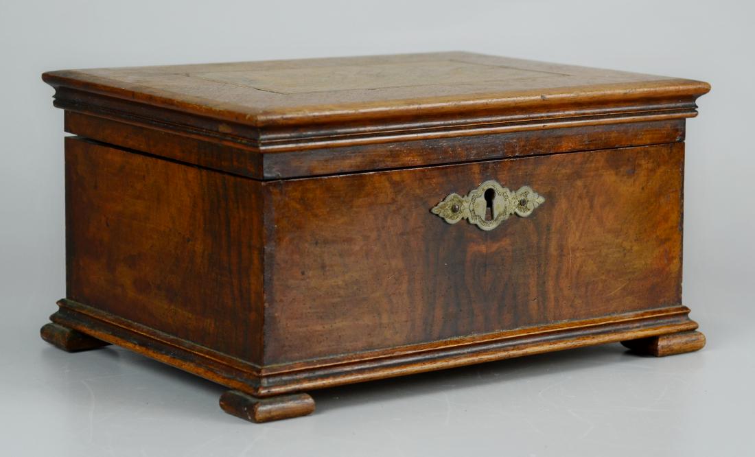 Inlaid wood jewelry box: Inlaid wood jewelry box, 2 lift-out divided trays, 2 hidden drawers, with key, 11-1/4" w x 8-1/2" d x 6" h