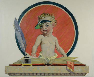 Attributed J C Leyendecker, illustration: Attributed J C Leyendecker, (American 1874-1951), illustration, "Baby New Year as an Accountant", probably a proposed cover art for Saturday Evening Post, oil on board, unsigned, 19-1/2" x 24", framed